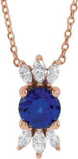 14K Gold Round Natural Blue Sapphire & Natural Diamond Accented Necklace or Pendant – 1/5 CTW - Rose Gold