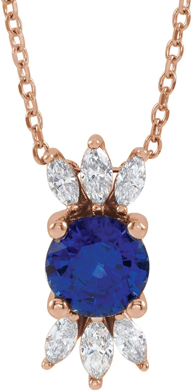 14K Gold Round Natural Blue Sapphire & Natural Diamond Accented Necklace or Pendant – 1/5 CTW - Rose Gold