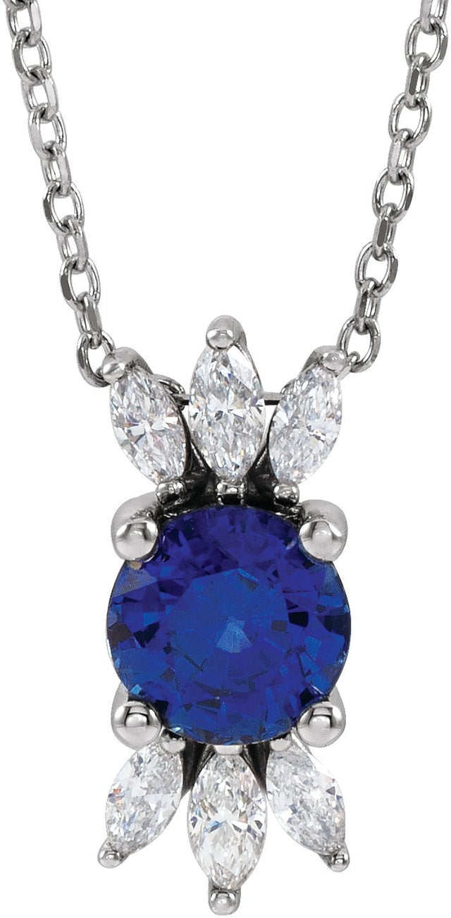 Platinum Round Lab-Grown Blue Sapphire & Natural Diamond Accented Necklace or Pendant – 1/5 CTW