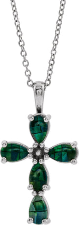 14K Gold Pear Lab-Grown Mosaic Opal Beaded Cross Necklace or Pendant - White Gold