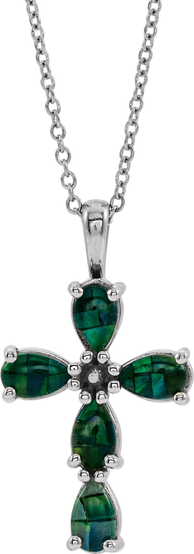 14K Gold Pear Lab-Grown Mosaic Opal Beaded Cross Necklace or Pendant - White Gold