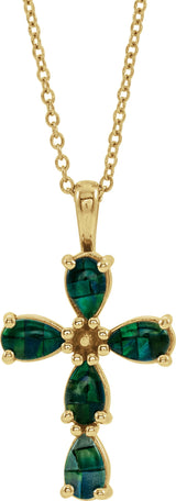 14K Gold Pear Lab-Grown Mosaic Opal Beaded Cross Necklace or Pendant - Yellow Gold