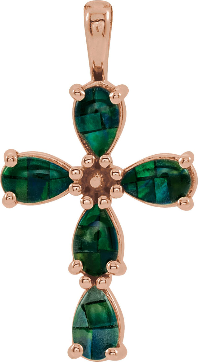 14K Gold Pear Lab-Grown Mosaic Opal Beaded Cross Necklace or Pendant - Rose Gold
