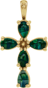 14K Gold Pear Lab-Grown Mosaic Opal Beaded Cross Necklace or Pendant - Yellow Gold