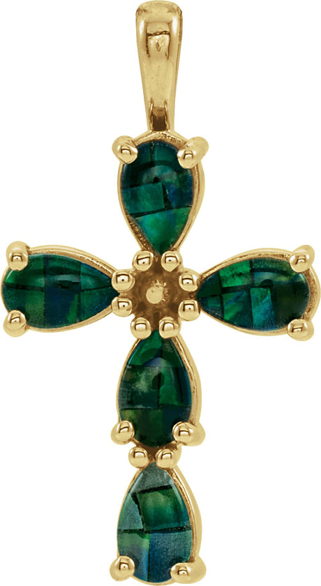 14K Gold Pear Lab-Grown Mosaic Opal Beaded Cross Necklace or Pendant - Yellow Gold