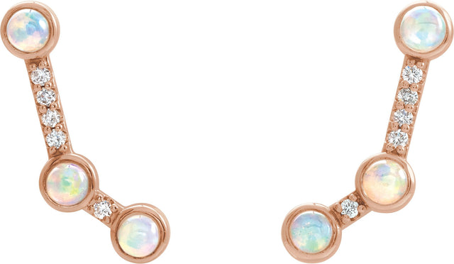 14K Gold Round Natural Ethiopian Opal & Natural Diamond Scattered Cabochon Ear Climbers - Rose Gold - view 2