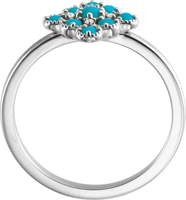 14K Gold Round Natural Turquoise & Natural Diamond Geometric Cluster Ring - White Gold - view 2