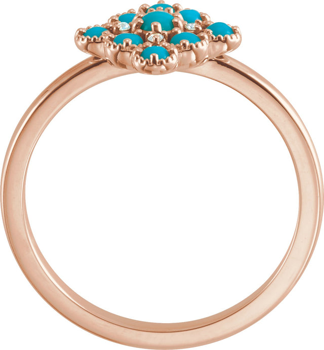 14K Gold Round Natural Turquoise & Natural Diamond Geometric Cluster Ring - Rose Gold - view 2
