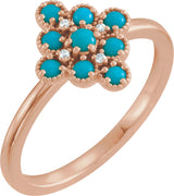 14K Gold Round Natural Turquoise & Natural Diamond Geometric Cluster Ring - Rose Gold