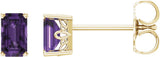 14K Gold Natural Amethyst Emerald 4-Prong Scroll Setting Stud Earrings - Yellow Gold