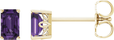14K Gold Natural Amethyst Emerald 4-Prong Scroll Setting Stud Earrings - Yellow Gold