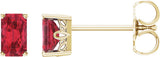 14K Gold Lab-Grown Ruby Emerald 4-Prong Scroll Setting Stud Earrings - Yellow Gold