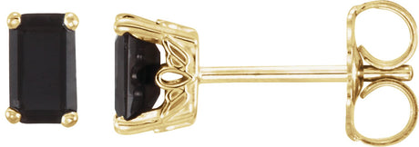 14K Gold Natural Black Onyx Emerald 4-Prong Scroll Setting Stud Earrings - Yellow Gold