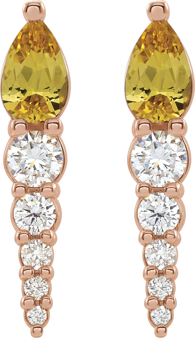 14K Gold Pear Natural Citrine & Natural Diamond Accented Bar Earrings - Rose Gold - view 2