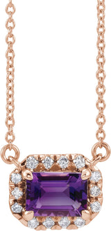 14K Gold Emerald Natural Amethyst & Natural Diamond French-Set Halo-Style Necklace - Rose Gold