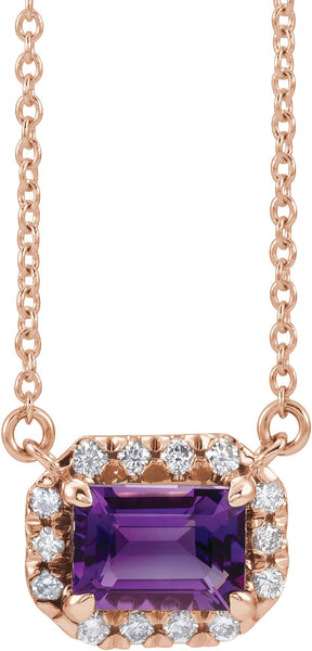 14K Gold Emerald Natural Amethyst & Natural Diamond French-Set Halo-Style Necklace - Rose Gold