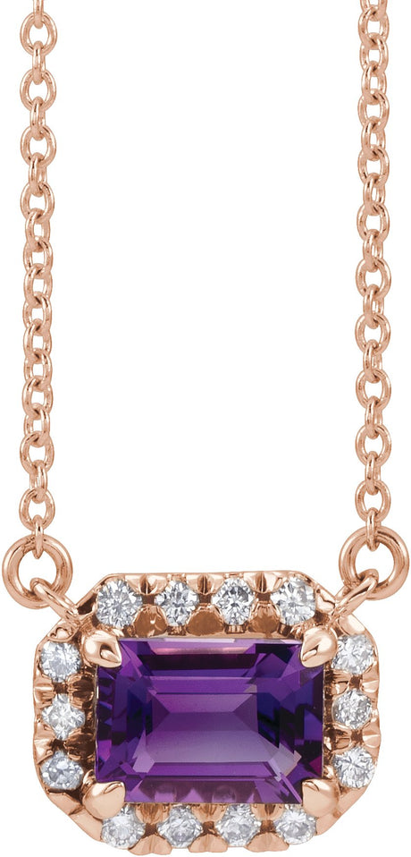 14K Gold Emerald Natural Amethyst & Natural Diamond French-Set Halo-Style Necklace - Rose Gold