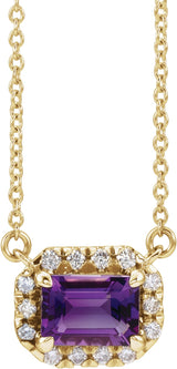 14K Gold Emerald Natural Amethyst & Natural Diamond French-Set Halo-Style Necklace - Yellow Gold