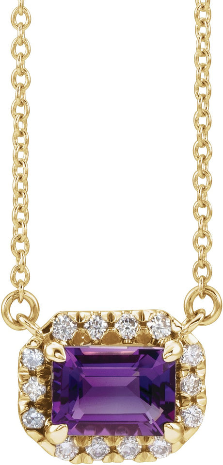14K Gold Emerald Natural Amethyst & Natural Diamond French-Set Halo-Style Necklace - Yellow Gold