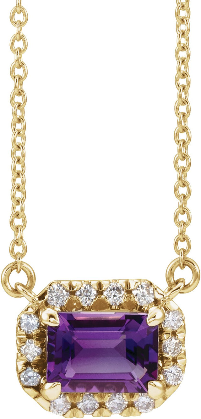 14K Gold Emerald Natural Amethyst & Natural Diamond French-Set Halo-Style Necklace - Yellow Gold