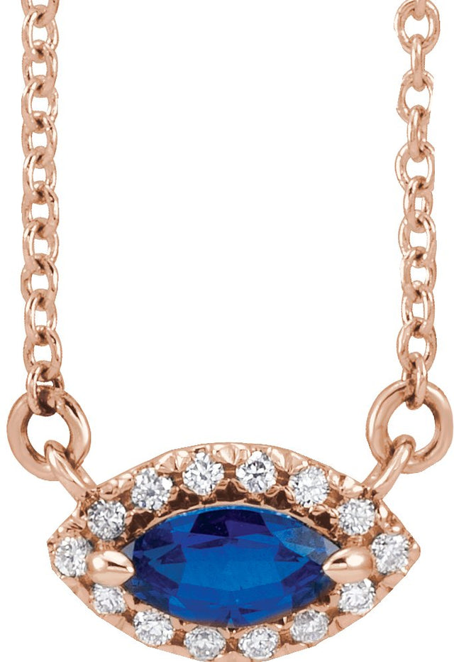 14K Gold Marquise Lab-Grown Blue Sapphire & Natural Diamond French-Set Halo-Style Necklace - Rose Gold