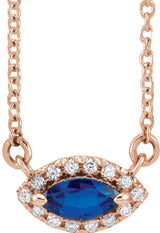 14K Gold Marquise Natural Blue Sapphire & Natural Diamond French-Set Halo-Style Necklace - Rose Gold