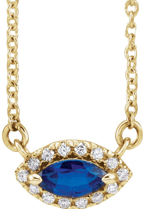 14K Gold Marquise Lab-Grown Blue Sapphire & Natural Diamond French-Set Halo-Style Necklace - Yellow Gold