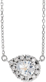 14K Gold Pear Natural White Sapphire & Natural Diamond French-Set Halo-Style Necklace - White Gold