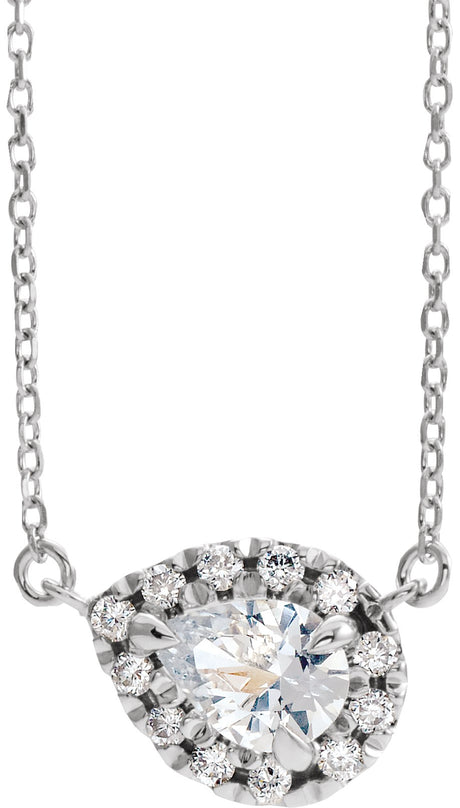 14K Gold Pear Natural White Sapphire & Natural Diamond French-Set Halo-Style Necklace - White Gold