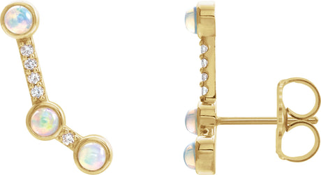 14K Gold Round Natural Ethiopian Opal & Natural Diamond Scattered Cabochon Ear Climbers - Yellow Gold