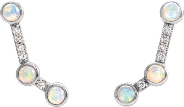 14K Gold Round Natural Ethiopian Opal & Natural Diamond Scattered Cabochon Ear Climbers - White Gold - view 2