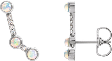 14K Gold Round Natural Ethiopian Opal & Natural Diamond Scattered Cabochon Ear Climbers - White Gold