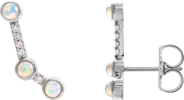 14K Gold Round Natural Ethiopian Opal & Natural Diamond Scattered Cabochon Ear Climbers - White Gold