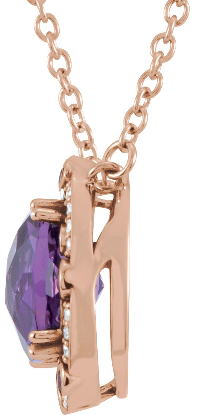 14K Gold Cushion Natural Amethyst & Natural Diamond Halo-Style Necklace – 1/6 CTW - Rose Gold - view 2