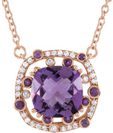 14K Gold Cushion Natural Amethyst & Natural Diamond Halo-Style Necklace – 1/6 CTW - Rose Gold