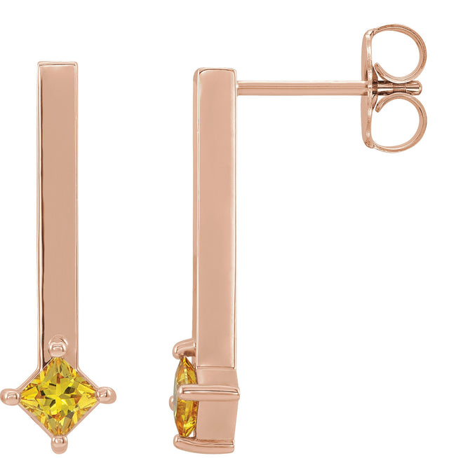 14K Gold Square Natural Yellow Sapphire Bar Drop Earrings - Rose Gold