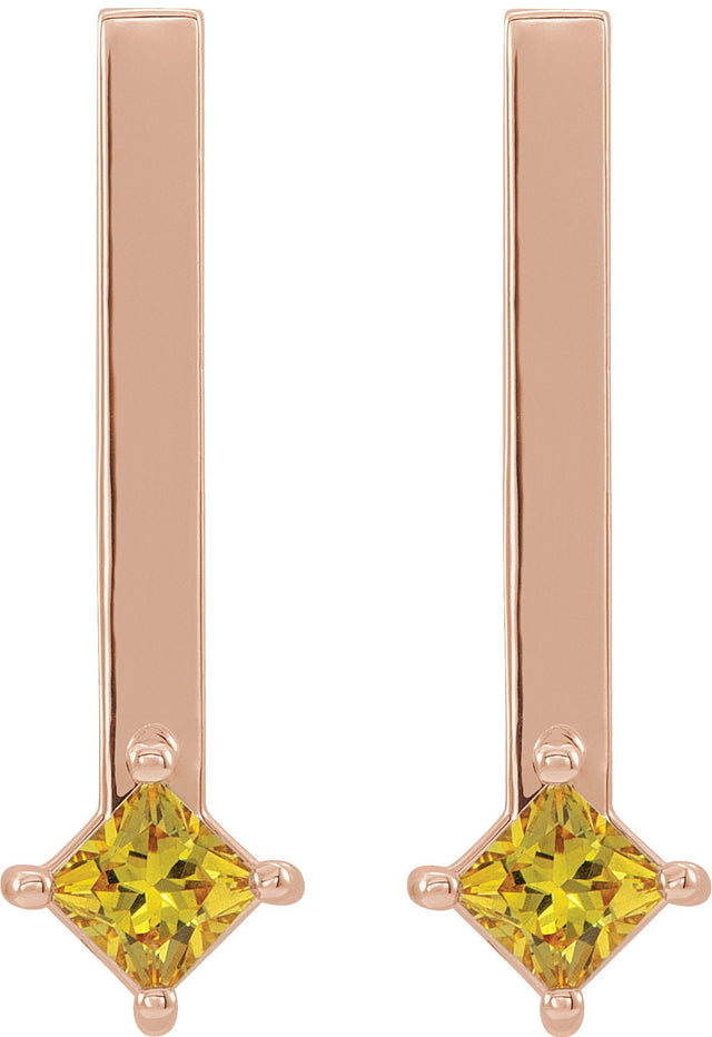 14K Gold Square Natural Yellow Sapphire Bar Drop Earrings - Rose Gold - view 2