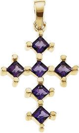 14K Gold Square Natural Amethyst Accented Cross Pendant