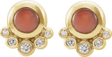 14K Gold Round Natural Pink Coral & Natural Diamond Accented Cabochon Earrings - Yellow Gold - view 2