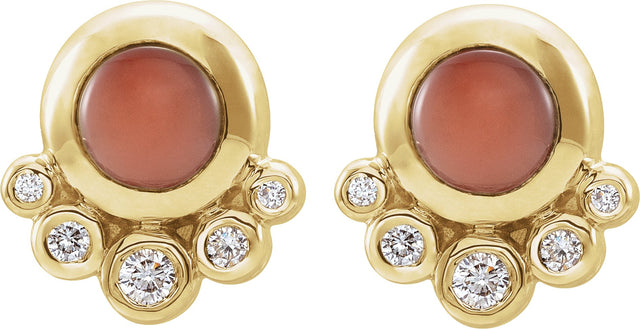 14K Gold Round Natural Pink Coral & Natural Diamond Accented Cabochon Earrings - Yellow Gold - view 2