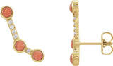 14K Gold Round Natural Pink Coral & Natural Diamond Scattered Cabochon Ear Climbers - Yellow Gold