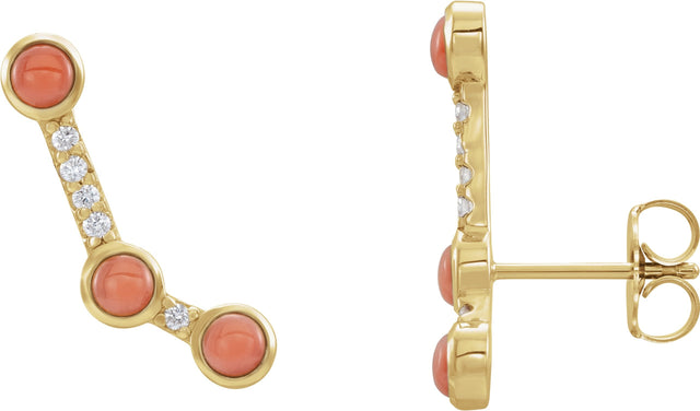 14K Gold Round Natural Pink Coral & Natural Diamond Scattered Cabochon Ear Climbers - Yellow Gold