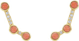 14K Gold Round Natural Pink Coral & Natural Diamond Scattered Cabochon Ear Climbers - Yellow Gold - view 2
