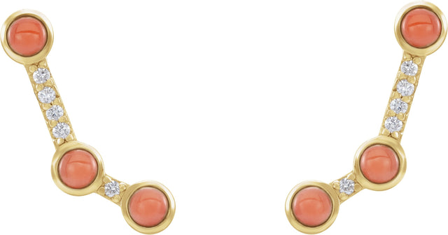 14K Gold Round Natural Pink Coral & Natural Diamond Scattered Cabochon Ear Climbers - Yellow Gold - view 2