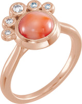 14K Gold Round Natural Pink Coral & Natural Diamond Bezel-Set Cabochon Ring - Rose Gold