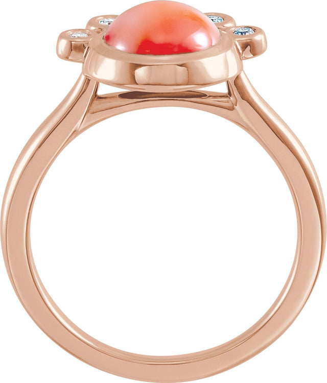 14K Gold Round Natural Pink Coral & Natural Diamond Bezel-Set Cabochon Ring - Rose Gold - view 2