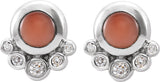 Platinum Round Natural Pink Coral & Natural Diamond Accented Cabochon Earrings - view 2
