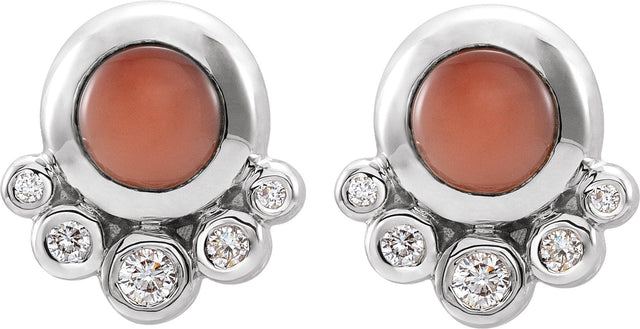 14K Gold Round Natural Pink Coral & Natural Diamond Accented Cabochon Earrings - White Gold - view 2