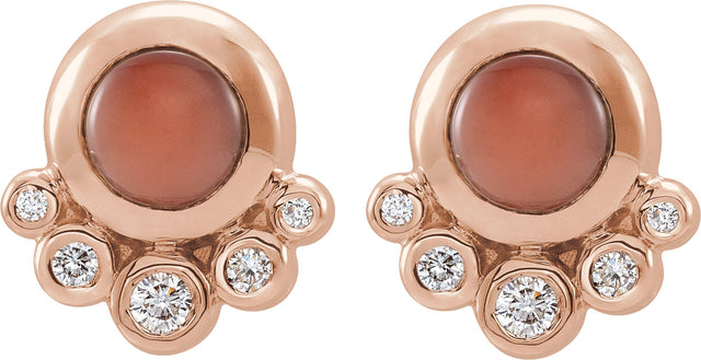 14K Gold Round Natural Pink Coral & Natural Diamond Accented Cabochon Earrings - Rose Gold - view 2