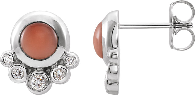 Platinum Round Natural Pink Coral & Natural Diamond Accented Cabochon Earrings